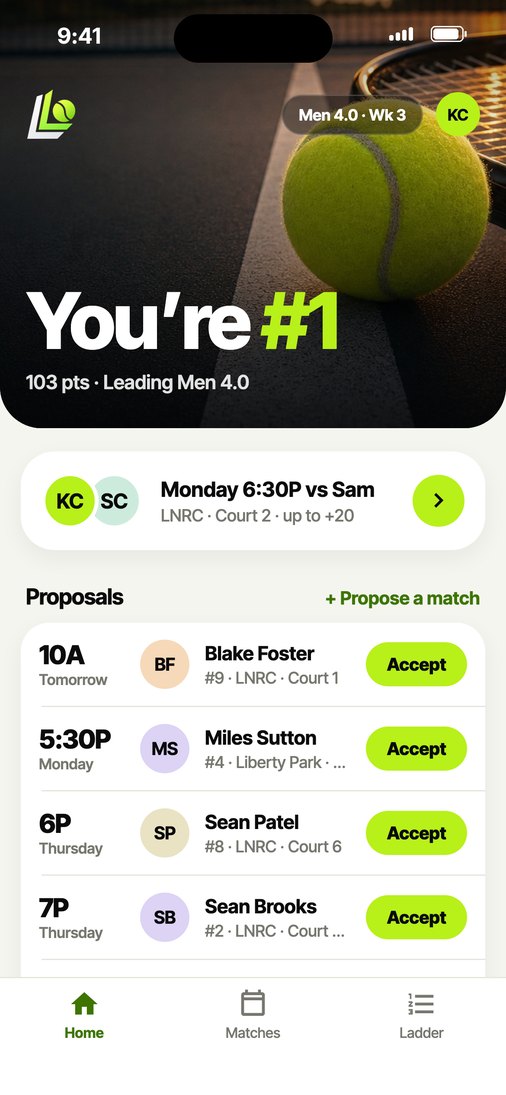 LadderLeague app home screen