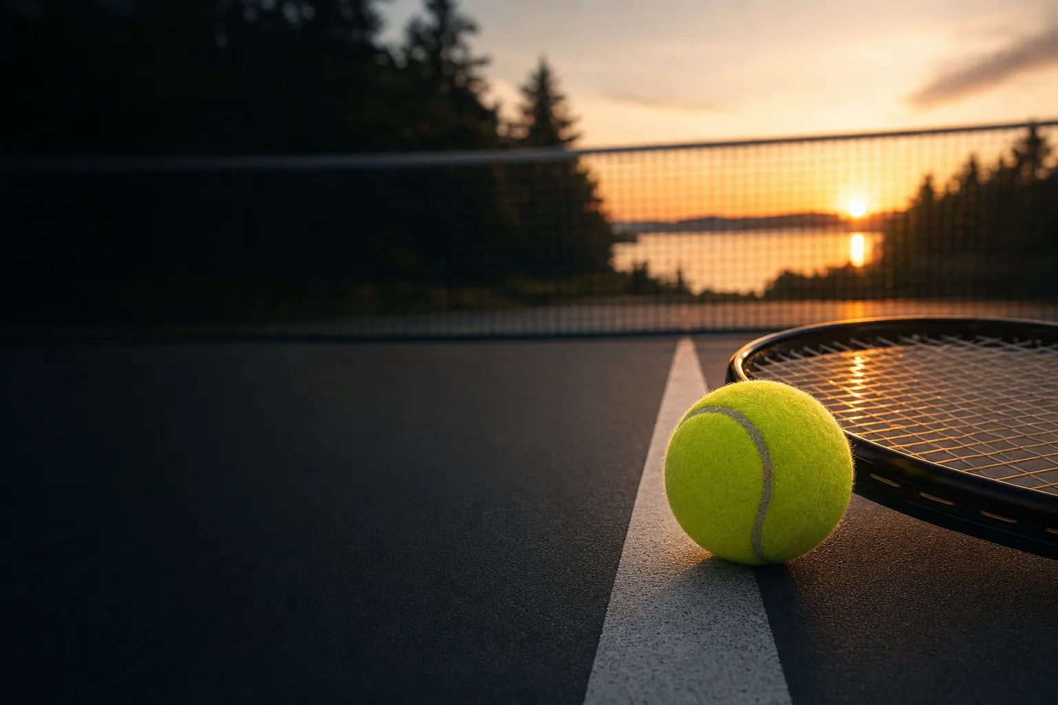 Tennis ball and racket on court